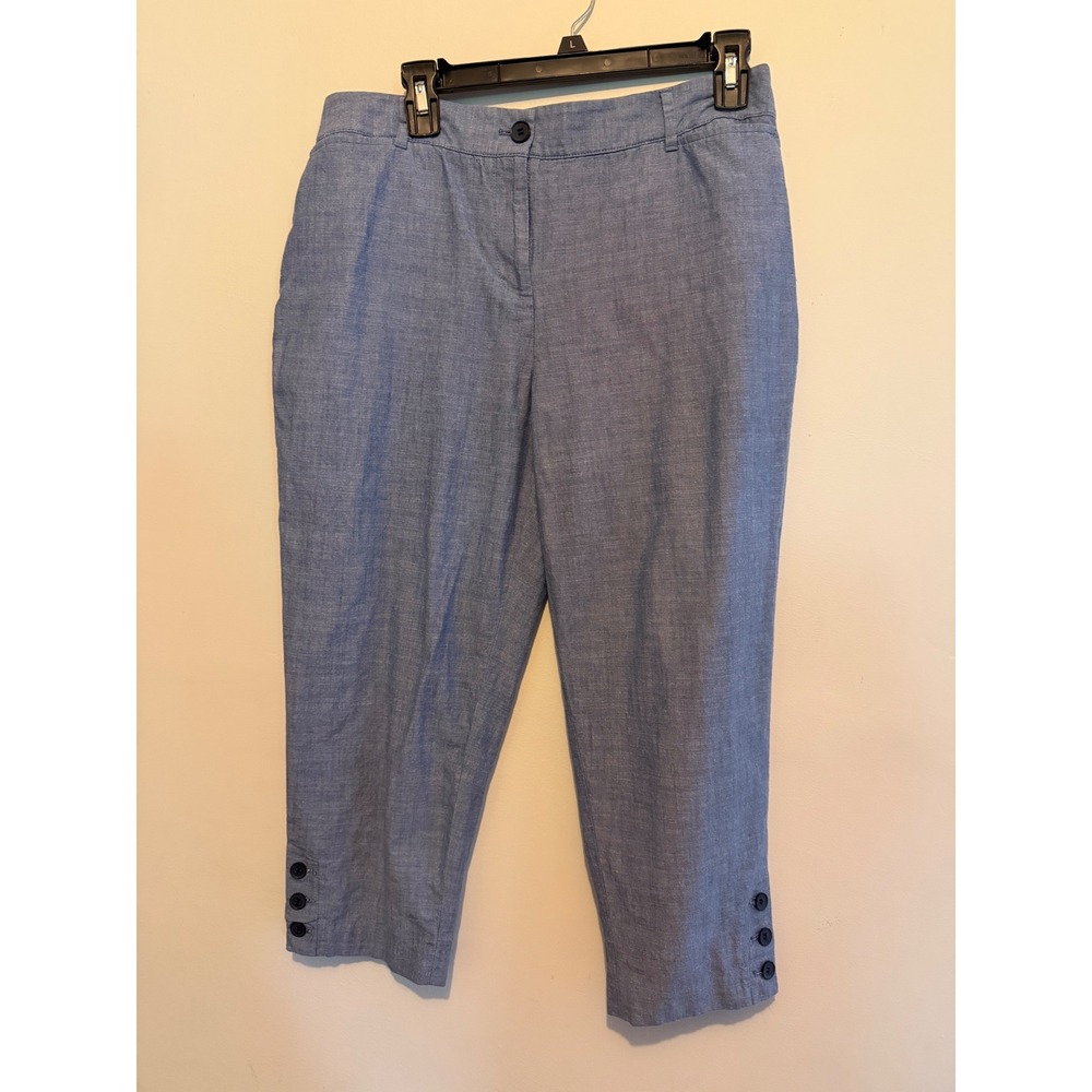 Talbots Perfect Crop Pants 10P Blue Cotton Chambray Button Hem Petite Trousers